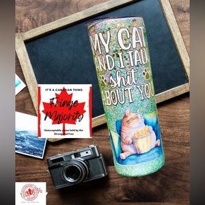 My cat & I talk about you,glitter epoxy tumbler,20oz skinny insulated travel mug
